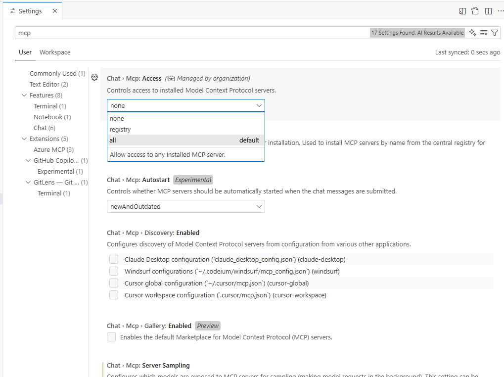 VS Code setting to enable MCP servers